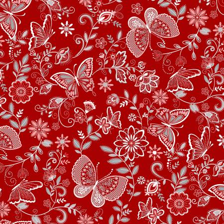 Henry Glass - Scarlet Stitches & White Linen - Red Butterflies