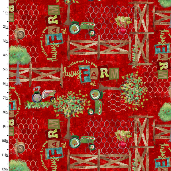 3 Wishes Fabrics - Welcome to the Funny Farm - Tractors Red