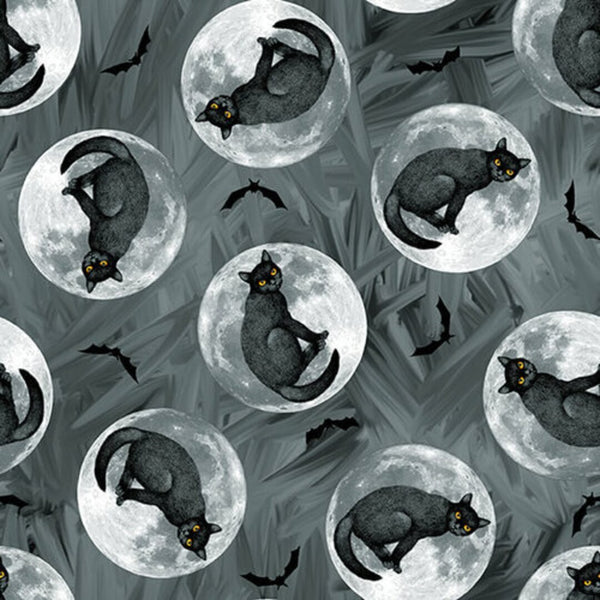 Blank Quilting - Halloween Countdown - Cats in Moons Dark Grey