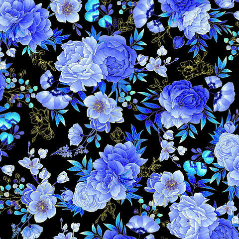 Timeless Treasures - Royal Plume - Large Florals Metallic Black/Blue
