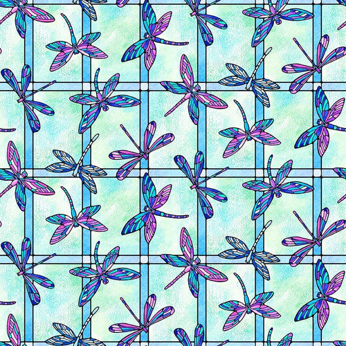 Blank Quilting - Fancy Glass - Stained Glass Dragonflies Aqua