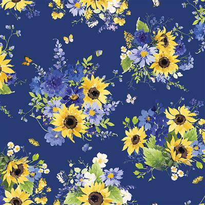 Clothworks - Sunflower Bouquets - Tossed Bouquets Dark Blue