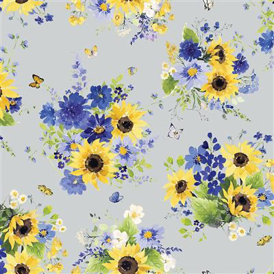 Clothworks - Sunflower Bouquets - Tossed Bouquets Mist Gray