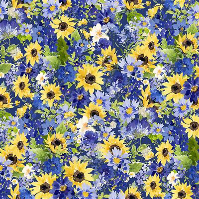 Clothworks - Sunflower Bouquets - Packed Bouquets Dark Blue