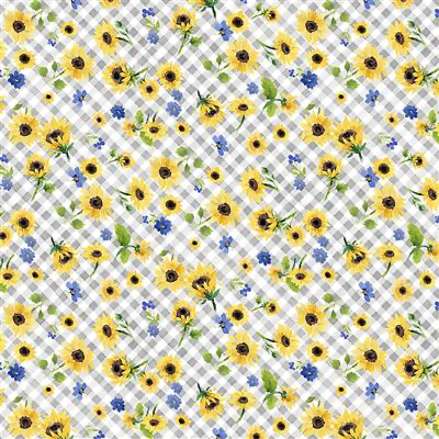 Clothworks - Sunflower Bouquets - Floral Check Gray