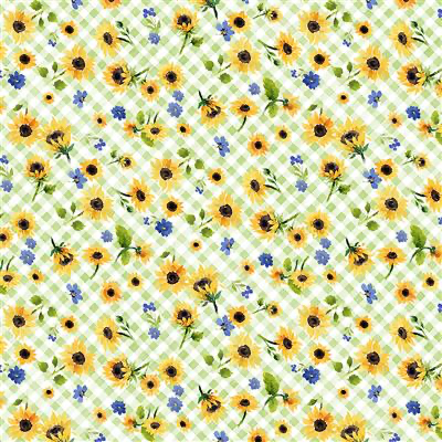 Clothworks - Sunflower Bouquets - Floral Check Light Green