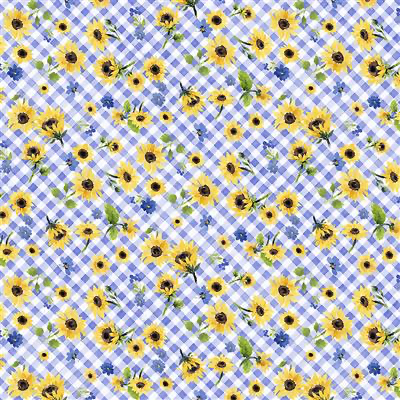 Clothworks - Sunflower Bouquets - Floral Check Periwinkle