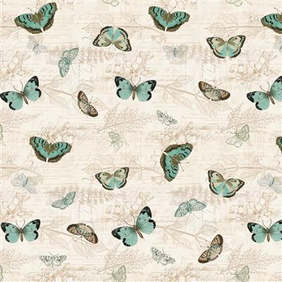 Clothworks - En Bleu - Tossed Butterflies Light Cream