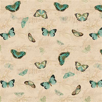 Clothworks - En Bleu - Tossed Butterflies Light Khaki