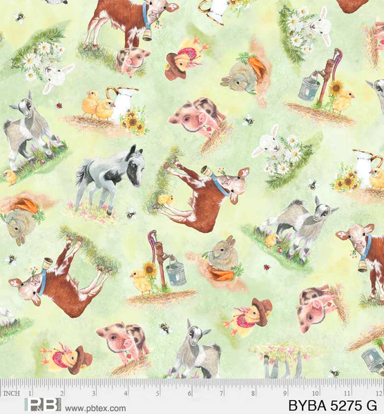 PS54 - P&B Textiles - Barnyard Babies - Tossed Animals Green