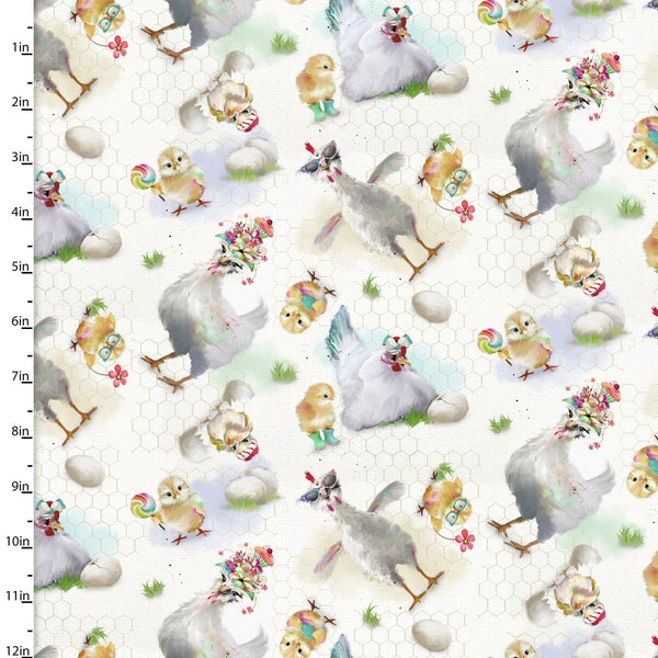 3 Wishes Fabrics - Welcome to the Funny Farm - Chickens White