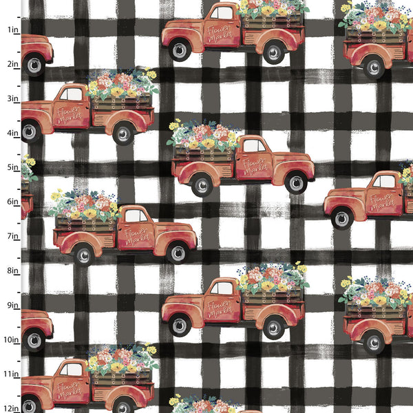 3 Wishes Fabrics - Flower Junction - Trucks on Gingham White