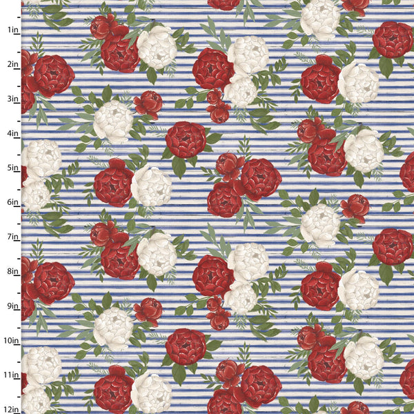 3 Wishes Fabrics - Heart of America - Rose Bloom Stripe Blue