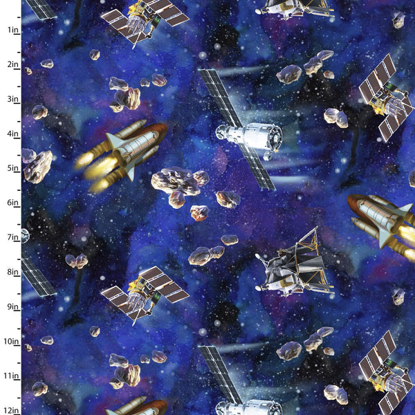 3 Wishes Fabrics - Final Frontier - Dodging Satellites Blue