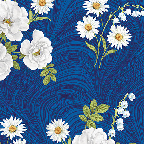 Benartex - Blue & White Elegance - Blue Wave Floral Royal Blue