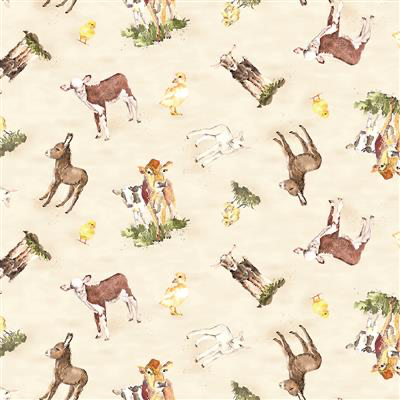 Clothworks - Farm Life - Digital Baby Animals Light Khaki