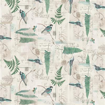 Clothworks - En Bleu - Bird Collage Light Khaki