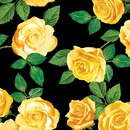 Benartex - Flowers of Friendship - Yellow Rose Garden Black