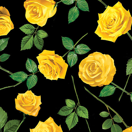 Benartex - Flowers of Friendship - Single Yellow Rose Black