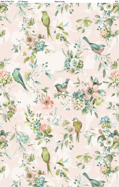 Wilmington Prints - Mint Crush - Birds & Bouquets Pink