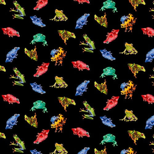 Studio “e” Fabrics - Jewels of the Jungle Digital - Small Frog Tossed Allover Black