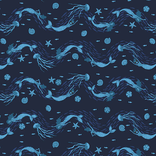 Studio “e” Fabrics - Mermaid in Blue Jeans - Mermaid Wave Dark Blue
