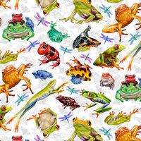 Studio “e” Fabrics - Jewels of the Jungle Digital - Frog & Dragonfly Allover White