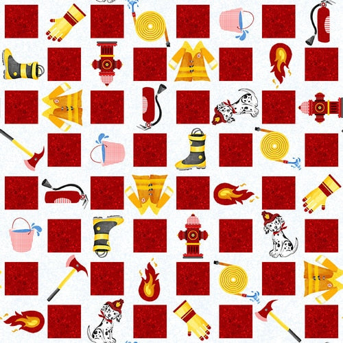 Blank Quilting - Everyday Heroes - Firefighter Motif Checkered White