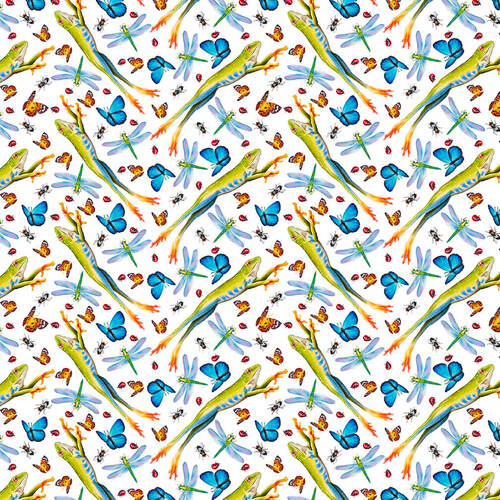 Studio “e” Fabrics - Jewels of the Jungle Digital - Leaping Frog & Insect White